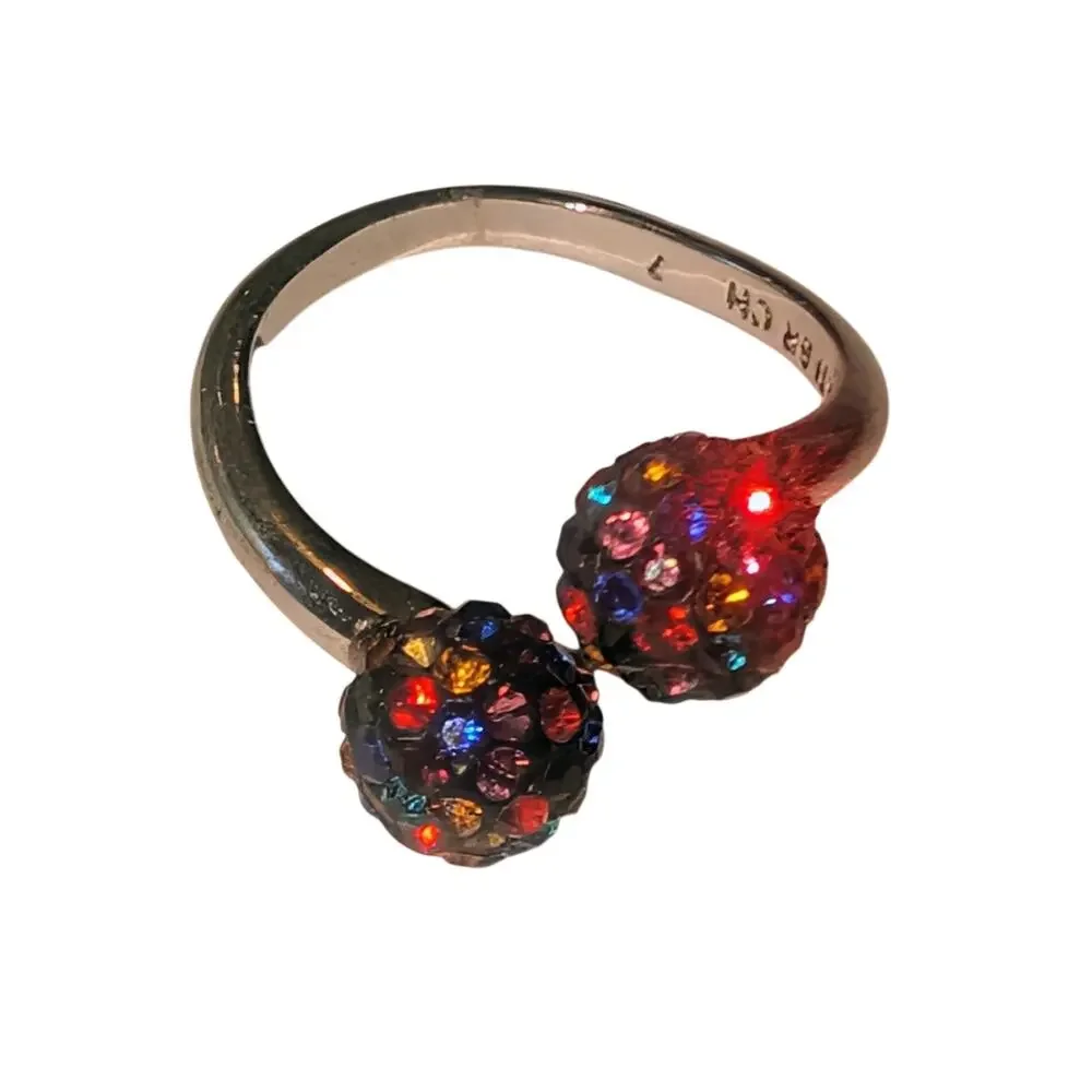 Multicolor Pavé Sphere Bypass Ring Silver Tone Size 7 ATi